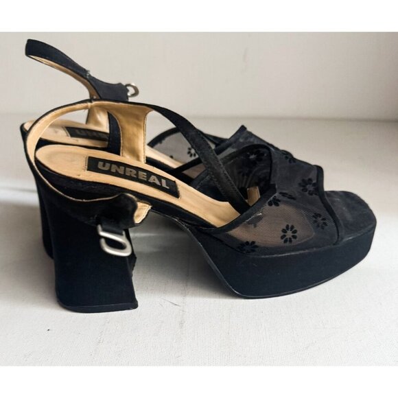 Vintage Y2K Unreal Black Mesh Detail Chunky Heels 7.5 - Picture 1 of 11